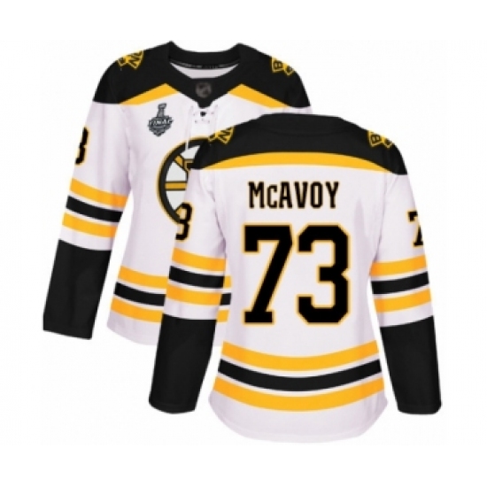 Women's Boston Bruins 73 Charlie McAvoy Authentic White Away 2019 Stanley Cup Final Bound Hockey Jersey