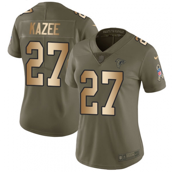 Women Nike Atlanta Falcons 27 Damontae Kazee Limited Olive Gold 2017 Salute to Service NFL Jersey