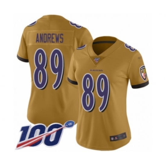 Women's Baltimore Ravens 89 Mark Andrews Limited Gold Inverted Legend 100th Season Football Jersey