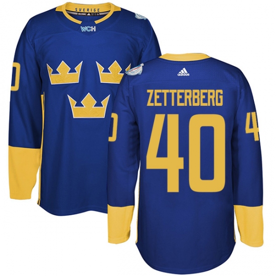 Men's Adidas Team Sweden 40 Henrik Zetterberg Authentic Royal Blue Away 2016 World Cup of Hockey Jersey