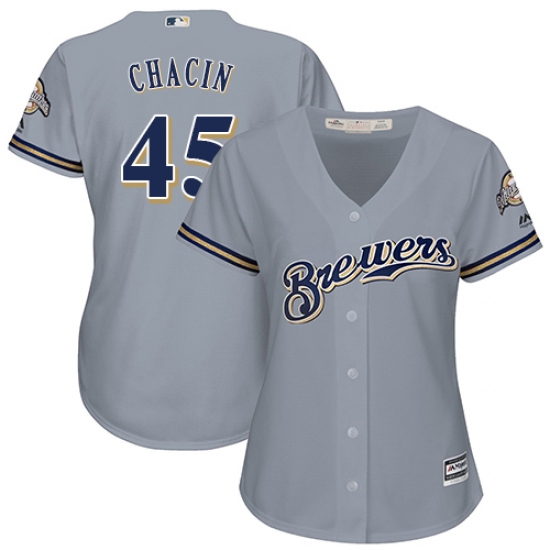 Women's Majestic Milwaukee Brewers 45 Jhoulys Chacin Authentic Grey Road Cool Base MLB Jersey