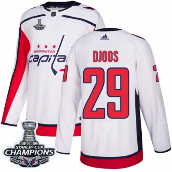 Men's Adidas Washington Capitals 29 Christian Djoos Authentic White Away 2018 Stanley Cup Final Champions NHL Jersey