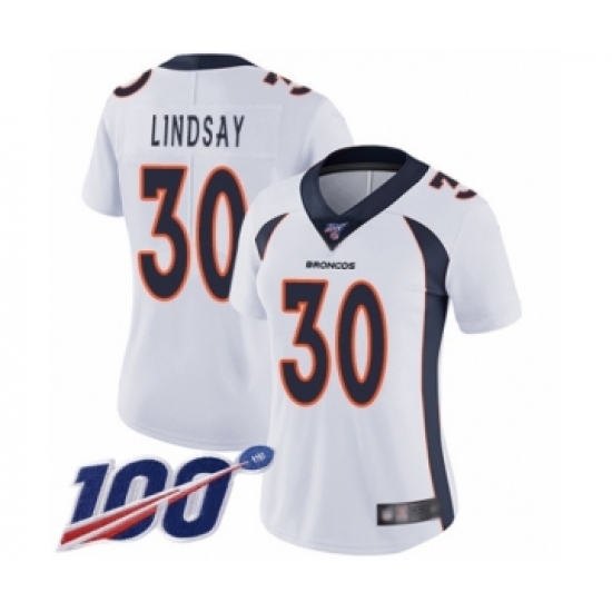 Women's Nike Denver Broncos 30 Phillip Lindsay White Vapor Untouchable Limited Player 100th Season NFL Jersey