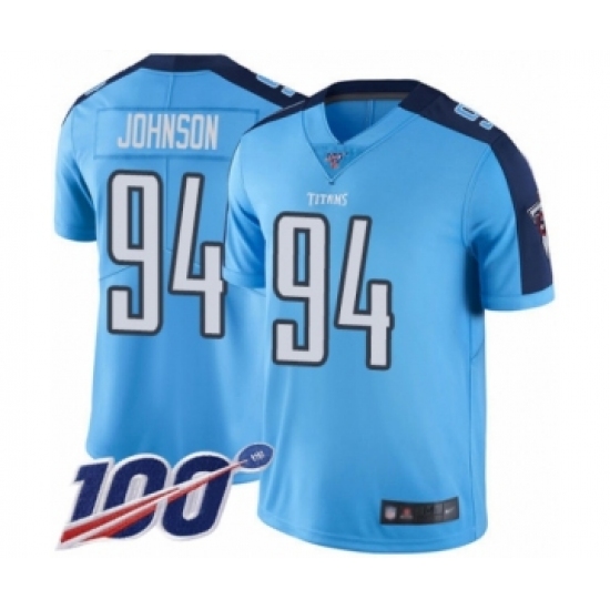 Youth Tennessee Titans 94 Austin Johnson Limited Light Blue Rush Vapor Untouchable 100th Season Football Jersey