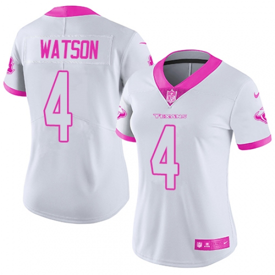 Women's Nike Houston Texans 4 Deshaun Watson Limited White/Pink Rush Fashion NFL Jersey