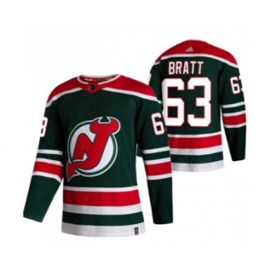 Men's New Jersey Devils 63 Jesper Bratt Green 2020-21 Reverse Retro Alternate Hockey Jersey