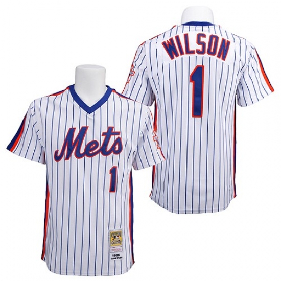 Men's Mitchell and Ness New York Mets 1 Mookie Wilson Authentic White/Blue Strip Throwback MLB Jersey