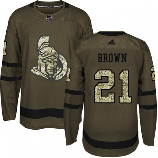 Men's Adidas Ottawa Senators 21 Logan Brown Authentic Green Salute to Service NHL Jersey