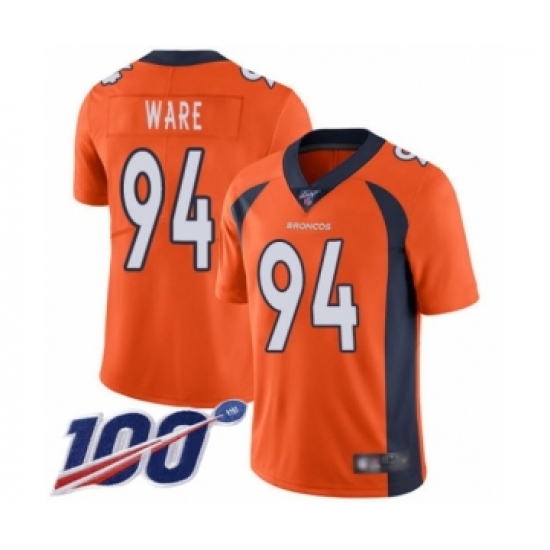 Men's Denver Broncos 94 DeMarcus Ware Orange Team Color Vapor Untouchable Limited Player 100th Season Football Jersey
