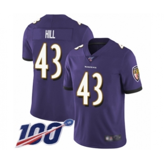 Men's Baltimore Ravens 43 Justice Hill Purple Team Color Vapor Untouchable Limited Player 100th Season Football Jersey