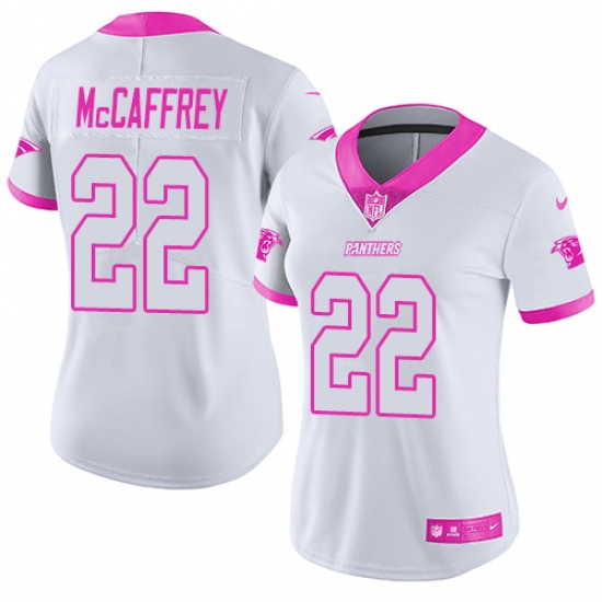 Women's Nike Carolina Panthers 22 Christian McCaffrey Limited White/Pink Rush Fashion NFL Jersey