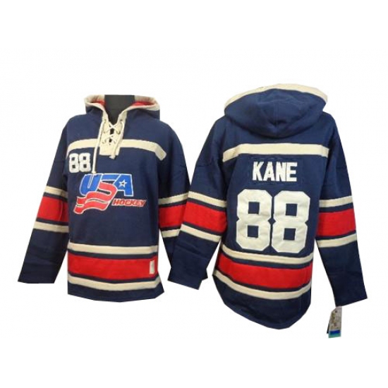 Men's Old Time Hockey Team USA 88 Patrick Kane Authentic Navy Blue Throwback Sawyer Hooded Sweatshirt Jersey