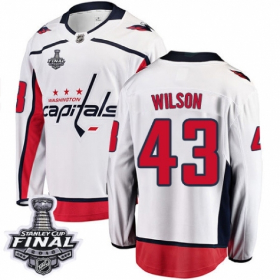 Youth Washington Capitals 43 Tom Wilson Fanatics Branded White Away Breakaway 2018 Stanley Cup Final NHL Jersey