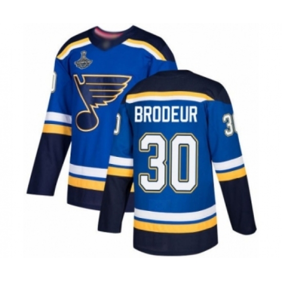 Youth St. Louis Blues 30 Martin Brodeur Authentic Royal Blue Home 2019 Stanley Cup Champions Hockey Jersey