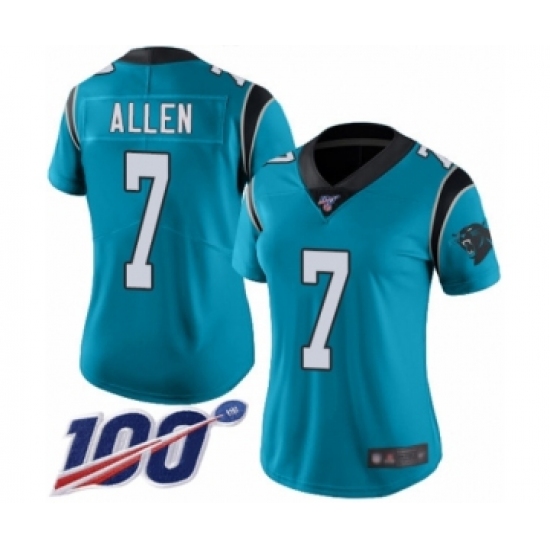 Women's Carolina Panthers 7 Kyle Allen Limited Blue Rush Vapor Untouchable 100th Season Football Jersey