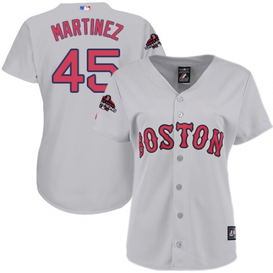 Women's Majestic Boston Red Sox 45 Pedro Martinez Authentic Grey Road 2018 World Series Champions MLB Jersey