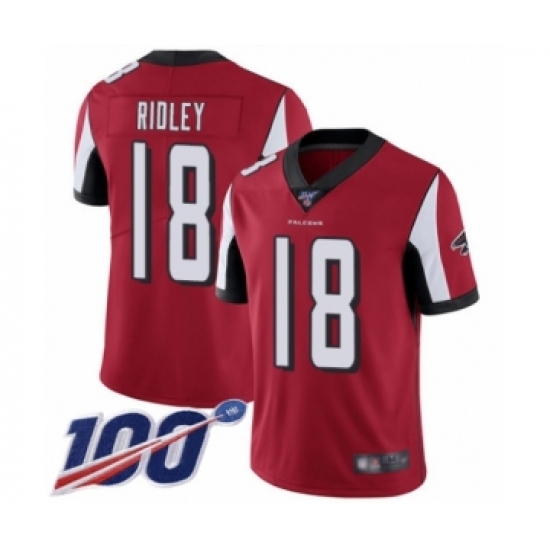 Men's Atlanta Falcons 18 Calvin Ridley Red Team Color Vapor Untouchable Limited Player 100th Season Football Jersey