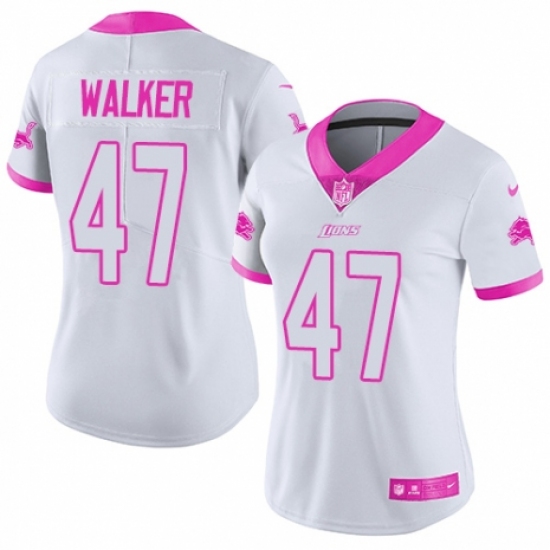 Women's Nike Detroit Lions 47 Tracy Walker Limited White/Pink Rush Fashion NFL Jersey