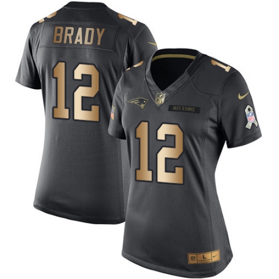 Women's Nike New England Patriots 12 Tom Brady Limited Black/Gold Salute to Service NFL Jersey