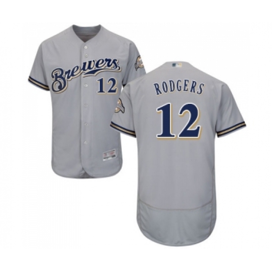 Men's Milwaukee Brewers 12 Aaron Rodgers Grey Road Flex Base Authentic Collection Baseball Jersey