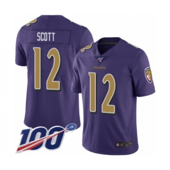 Men's Baltimore Ravens 12 Jaleel Scott Limited Purple Rush Vapor Untouchable 100th Season Football Jersey