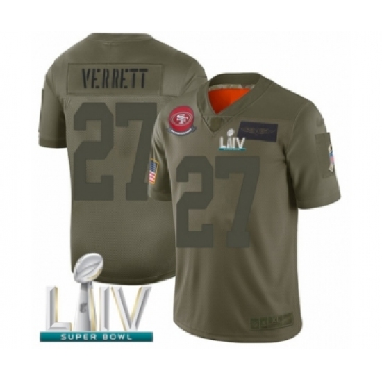 Men's San Francisco 49ers 27 Jason Verrett Limited Olive 2019 Salute to Service Super Bowl LIV Bound Football Jersey