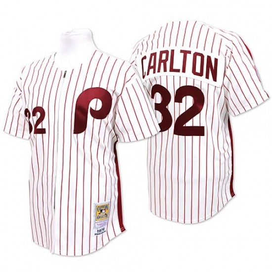 Men's Mitchell and Ness Philadelphia Phillies 32 Steve Carlton Authentic White/Red Strip Throwback MLB Jersey