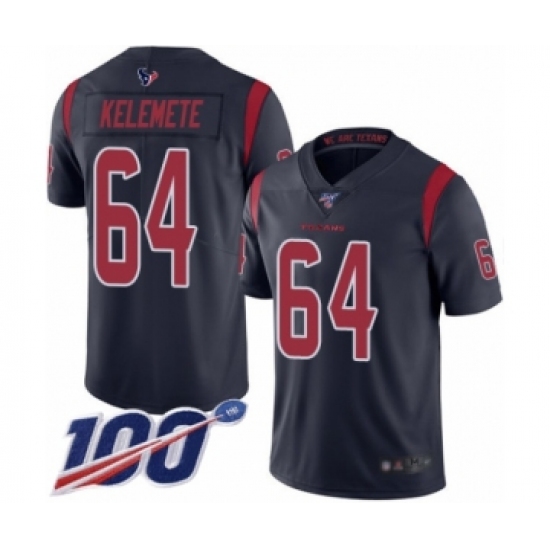 Men's Houston Texans 64 Senio Kelemete Limited Navy Blue Rush Vapor Untouchable 100th Season Football Jersey