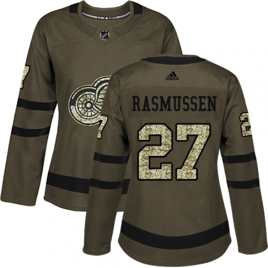 Women's Adidas Detroit Red Wings 27 Michael Rasmussen Authentic Green Salute to Service NHL Jersey