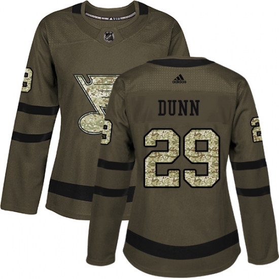 Women's Adidas St. Louis Blues 29 Vince Dunn Authentic Green Salute to Service NHL Jersey