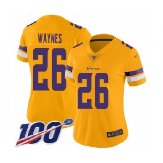 Women's Minnesota Vikings 26 Trae Waynes Limited Gold Inverted Legend 100th Season Football Jersey