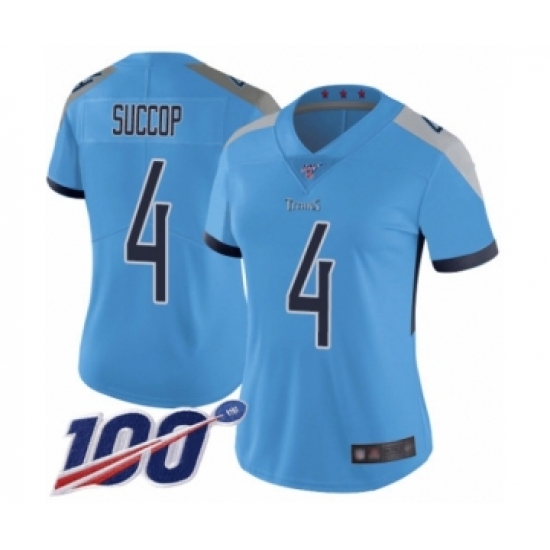 Women's Tennessee Titans 4 Ryan Succop Light Blue Alternate Vapor Untouchable Limited Player 100th Season Football Jersey