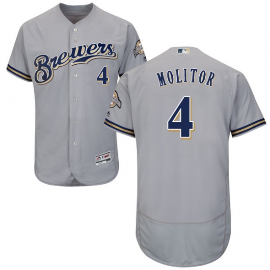 Men's Majestic Milwaukee Brewers 4 Paul Molitor Grey Road Flex Base Authentic Collection MLB Jersey