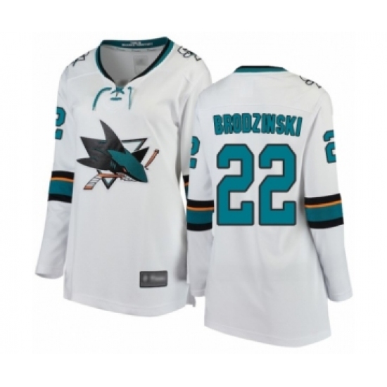 Women's San Jose Sharks 22 Jonny Brodzinski Fanatics Branded White Away Breakaway Hockey Jersey