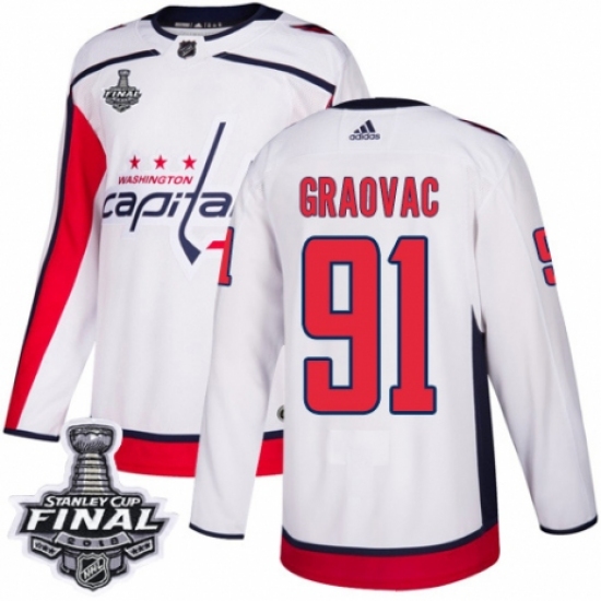 Youth Adidas Washington Capitals 91 Tyler Graovac Authentic White Away 2018 Stanley Cup Final NHL Jersey