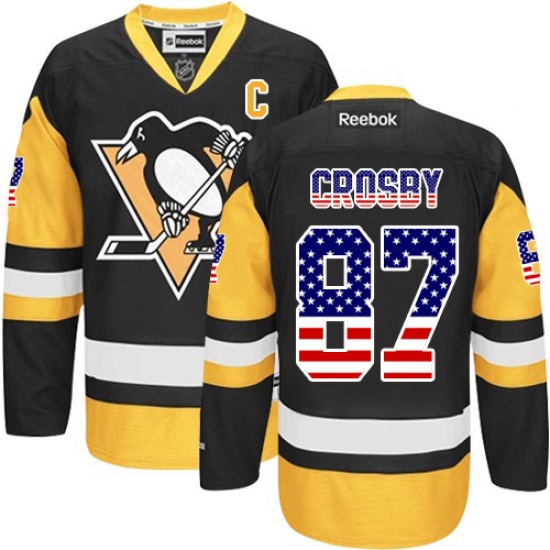 Men's Reebok Pittsburgh Penguins 87 Sidney Crosby Premier Black/Gold USA Flag Fashion NHL Jersey