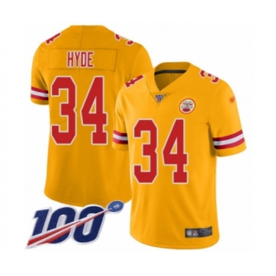 Men's Kansas City Chiefs 34 Carlos Hyde Limited Gold Inverted Legend 100th Season Football Jersey
