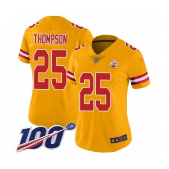 Women's Kansas City Chiefs 25 Darwin Thompson Limited Gold Inverted Legend 100th Season Football Jersey