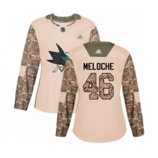 Women's San Jose Sharks 46 Nicolas Meloche Authentic Camo Veterans Day Practice Hockey Jersey