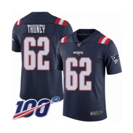 Men's New England Patriots 62 Joe Thuney Limited Navy Blue Rush Vapor Untouchable 100th Season Football Jersey