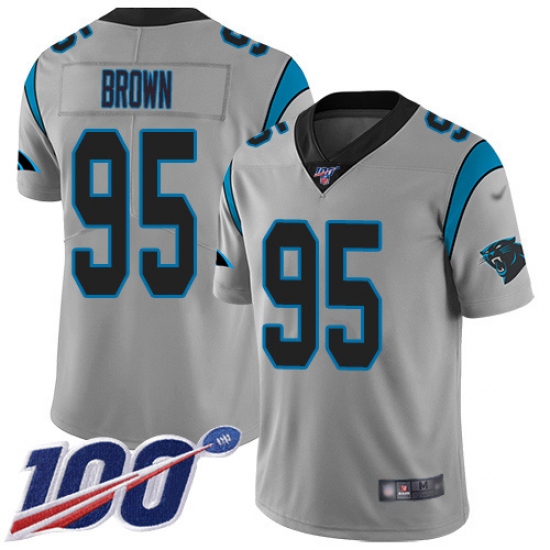 Youth Carolina Panthers 95 Derrick Brown Silver Stitched NFL Limited Inverted Legend 100th Season Jersey