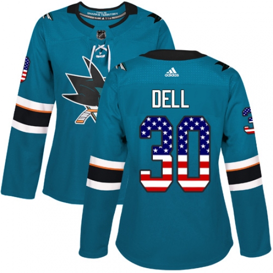 Women's Adidas San Jose Sharks 30 Aaron Dell Authentic Teal Green USA Flag Fashion NHL Jersey