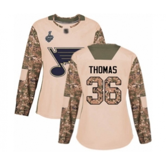 Women's St. Louis Blues 36 Robert Thomas Authentic Camo Veterans Day Practice 2019 Stanley Cup Final Bound Hockey Jersey