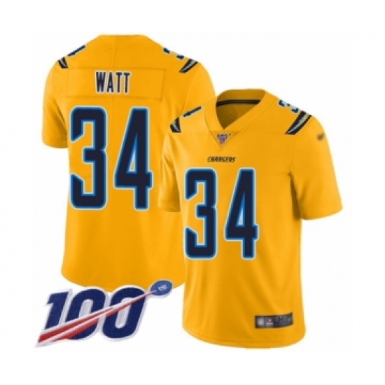 Men's Los Angeles Chargers 34 Derek Watt Limited Gold Inverted Legend 100th Season Football Jersey