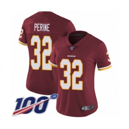 Women's Washington Redskins 32 Samaje Perine Burgundy Red Team Color Vapor Untouchable Limited Player 100th Season Football Jersey