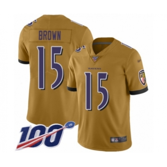 Youth Baltimore Ravens 15 Marquise Brown Limited Gold Inverted Legend 100th Season Football Jersey
