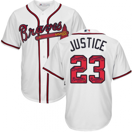 Men's Majestic Atlanta Braves 23 David Justice Authentic White Team Logo Fashion Cool Base MLB Jersey