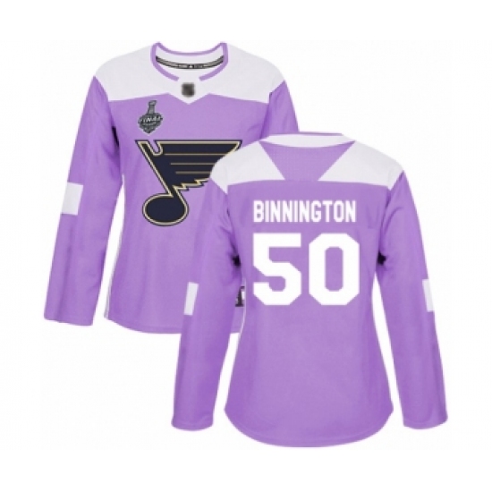 Women's St. Louis Blues 50 Jordan Binnington Authentic Purple Fights Cancer Practice 2019 Stanley Cup Final Bound Hockey Jersey
