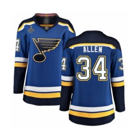 Women's St. Louis Blues 34 Jake Allen Fanatics Branded Royal Blue Home Breakaway 2019 Stanley Cup Champions Hockey Jersey