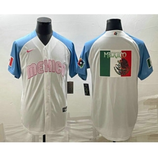 Men's Mexico Baseball Big Logo 2023 White Blue World Classic Stitched Jersey3